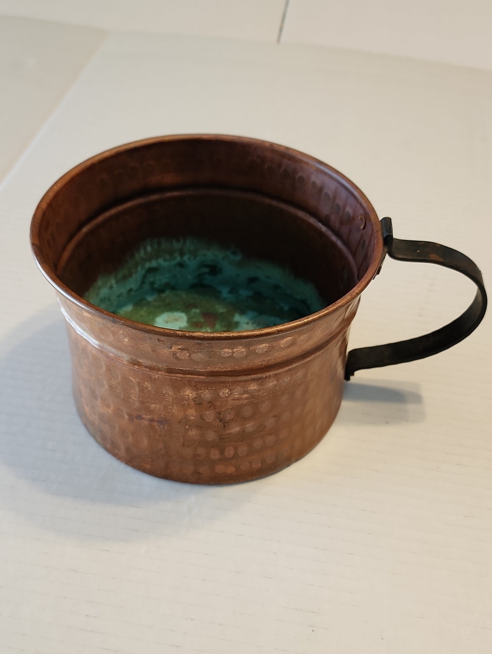 Copper Hammered Decorative Planter w/ Green Patina Interior and Bent Iron Handle